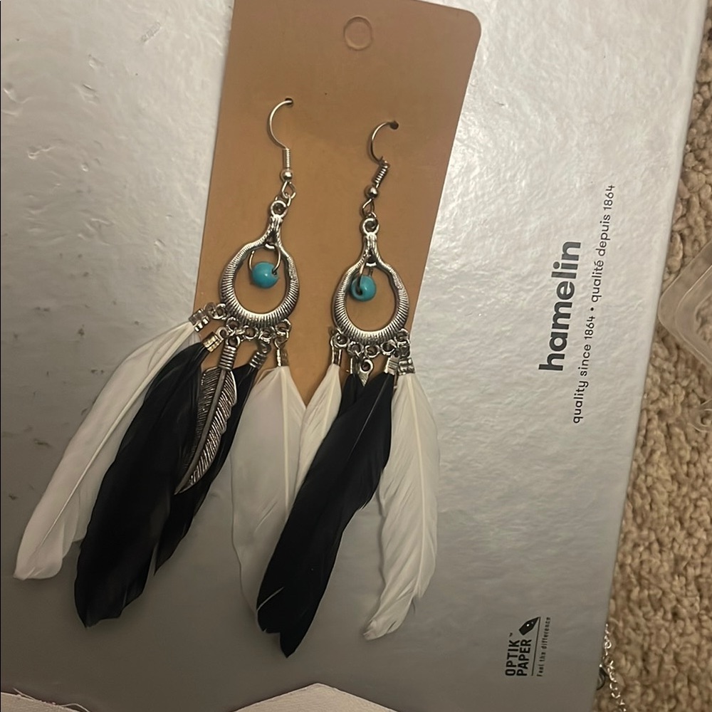 Feather Dangle Earrings in Black and White
